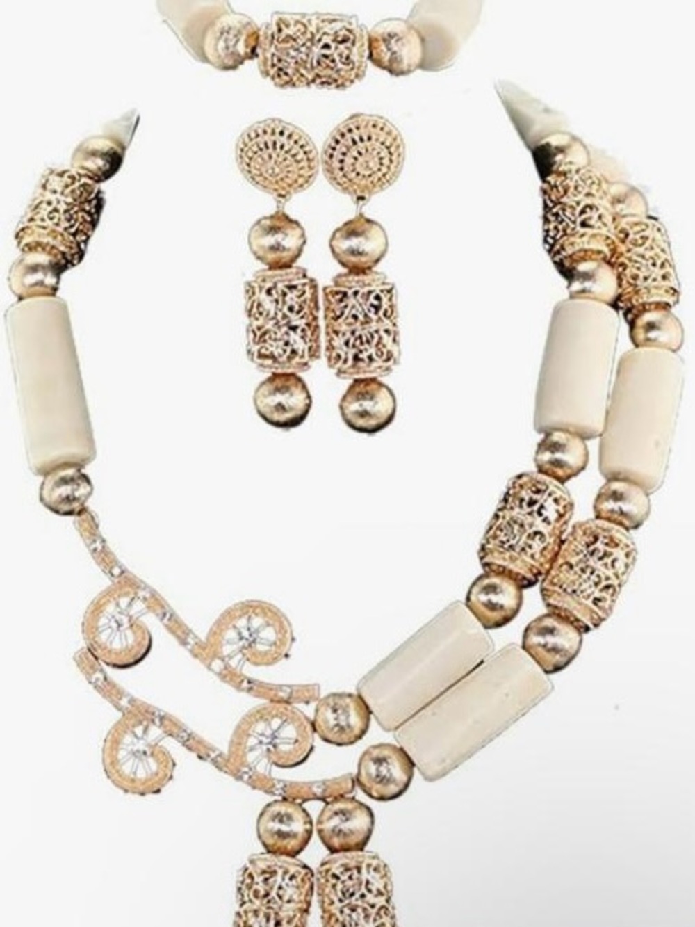 Elegant Gold and Cream Filigree Necklace & Earring Set
